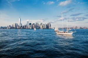 Sailboat on the Hudson River with NYC skyline